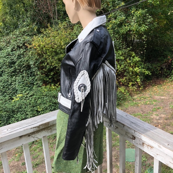 VTG UNIK MOTO LEATHER BLACK WHITE FRINGED JACKET - Picture 3 of 7